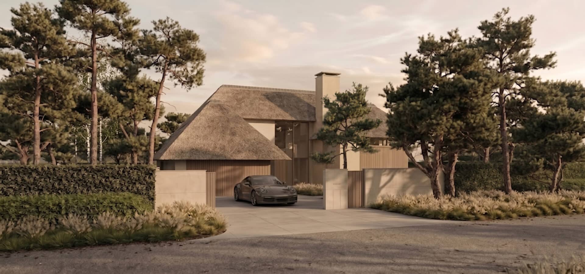 3D tuinontwerp met landschappelijke inpassing en beplantingsplan voor de entree van een rietgedekte villa.
