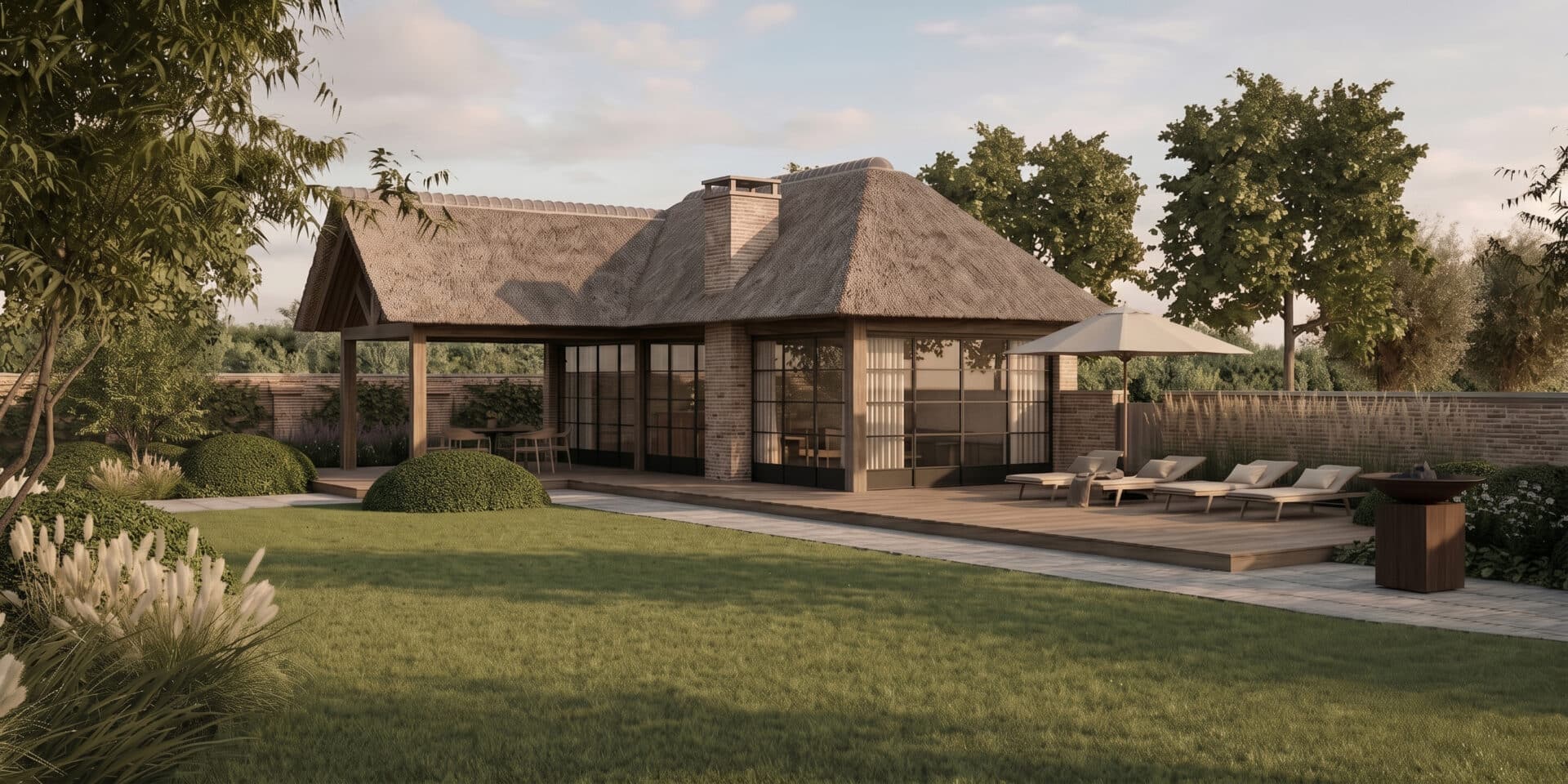 Detailontwerp van rietgedekt bijgebouw met houten vlonderterras en materiaaluitwerking.