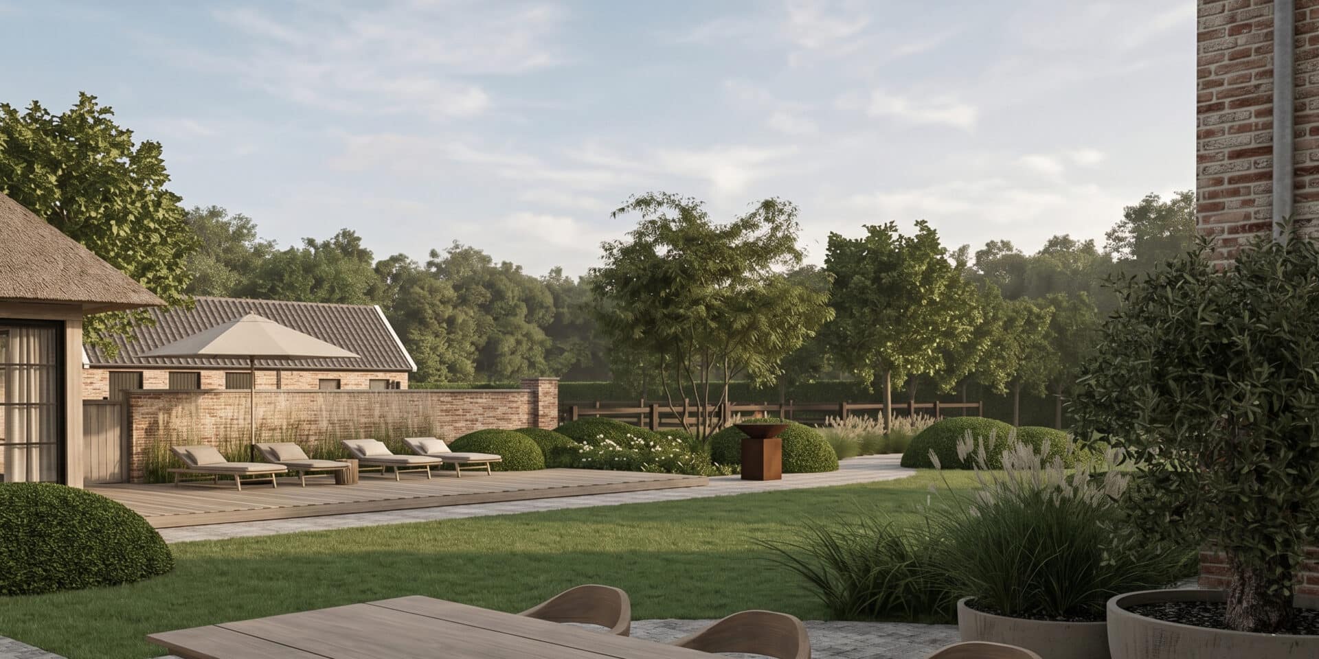 Landelijke villatuin met houten terras, organische beplanting en klassiek metselwerk bijgebouw.