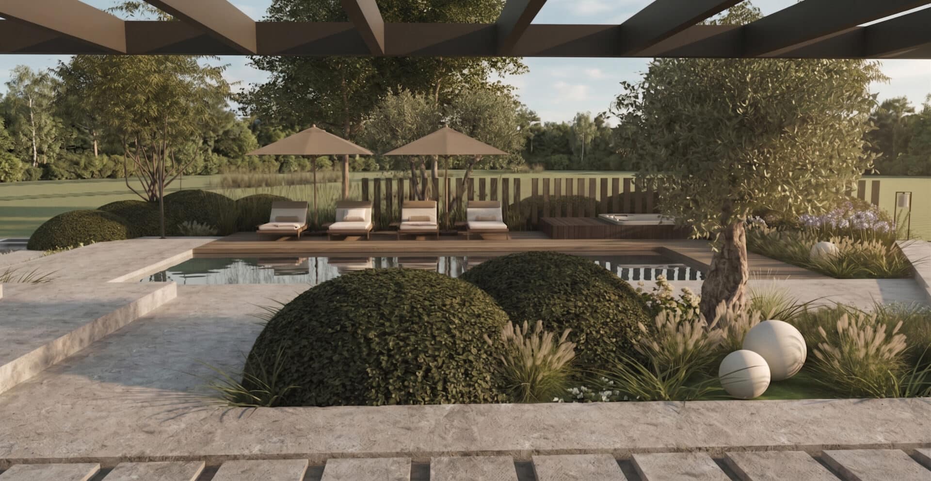 Wellness-tuin in Boutique Hotel Chic stijl met zwembad, Millboard vlonder, jacuzzi en sfeervolle beplanting.