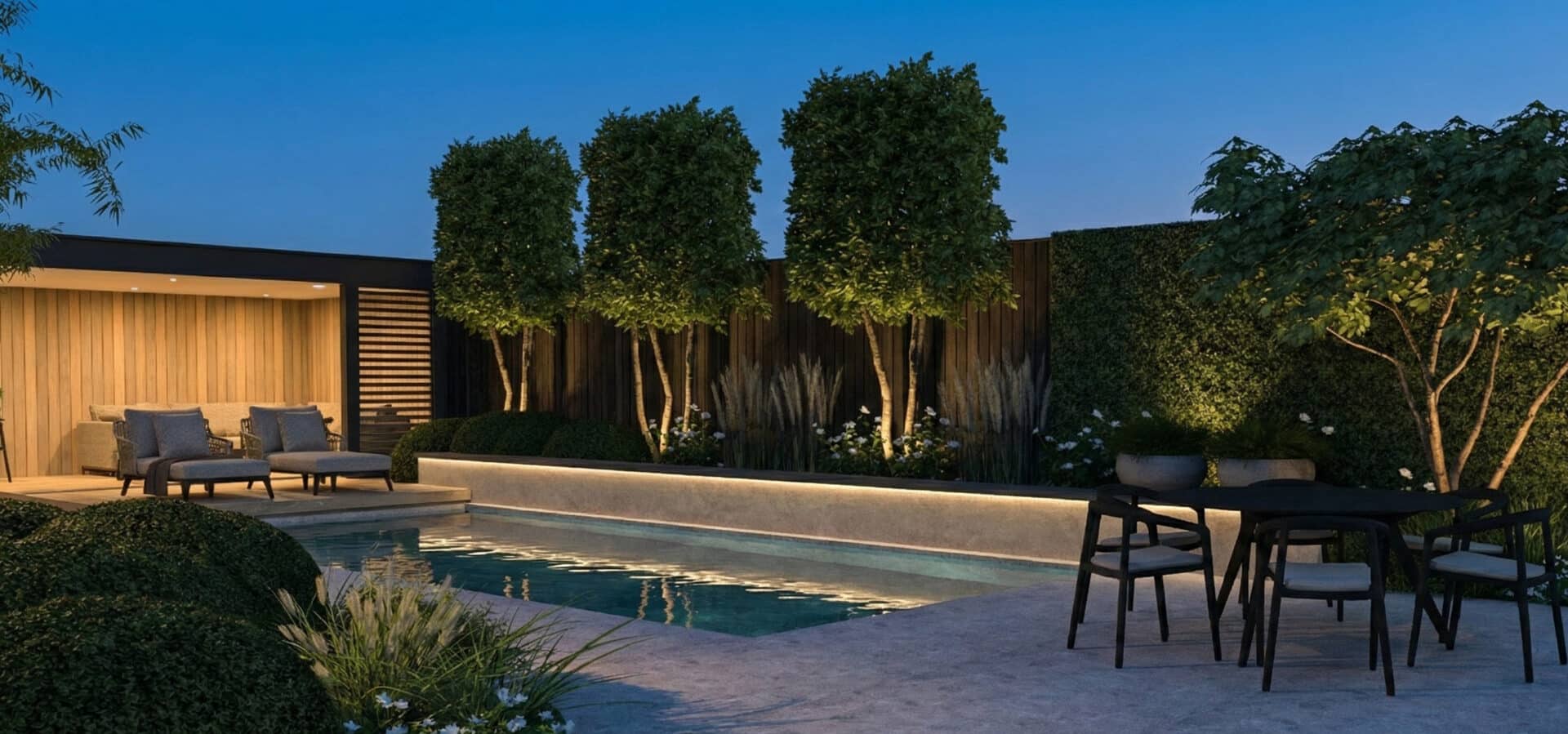 Lichtplan en eindbeeld van de tuin met realisatie onder projectbegeleiding van ESTATE tuinen.